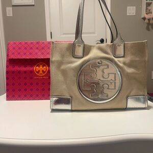 Tory Burch Tan and Silver Tote Bag
